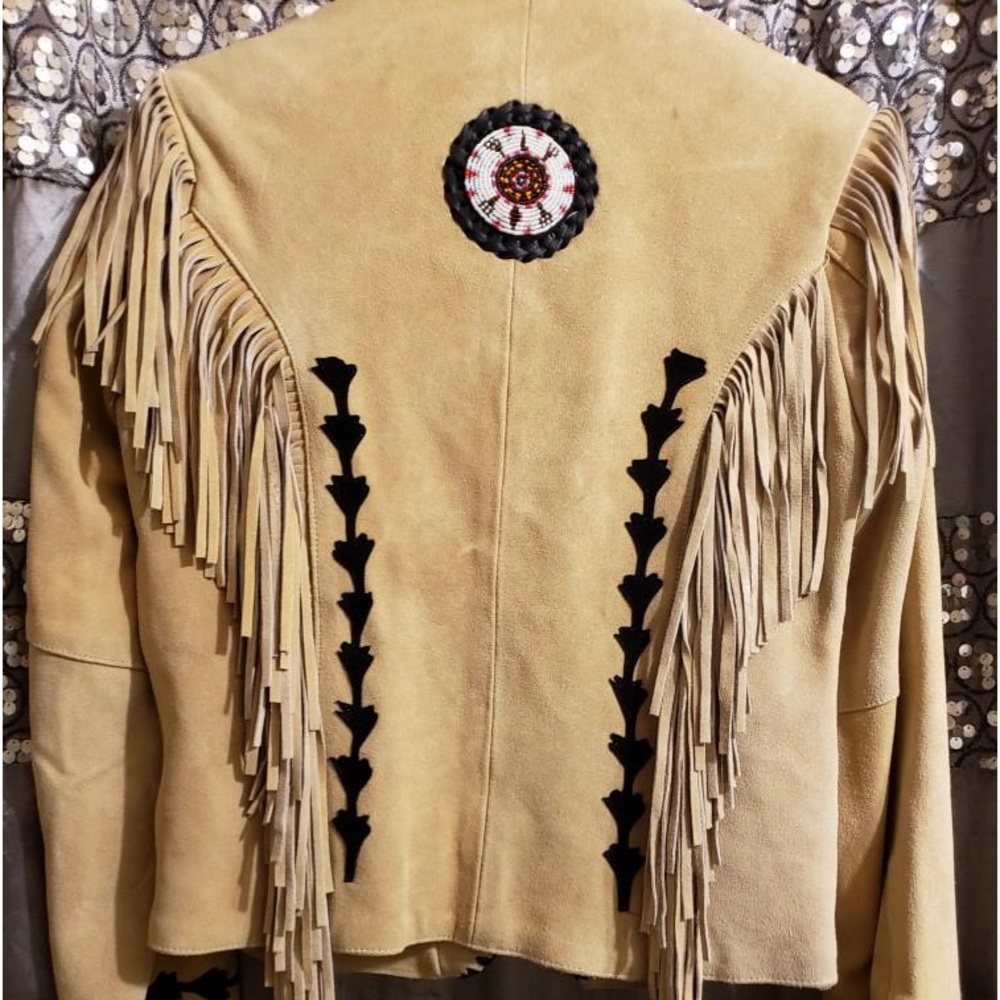 Suede Leather Indian Fringe Beaded coat jacket - Picture 2 of 12